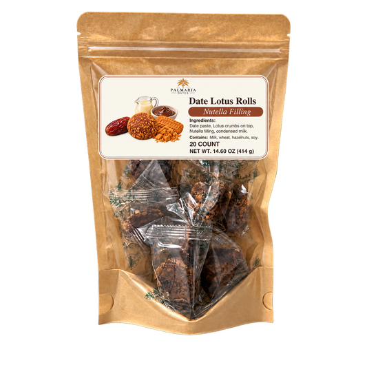 Palmaria Date Lotus Rolls 20-count kraft pouch with updated label