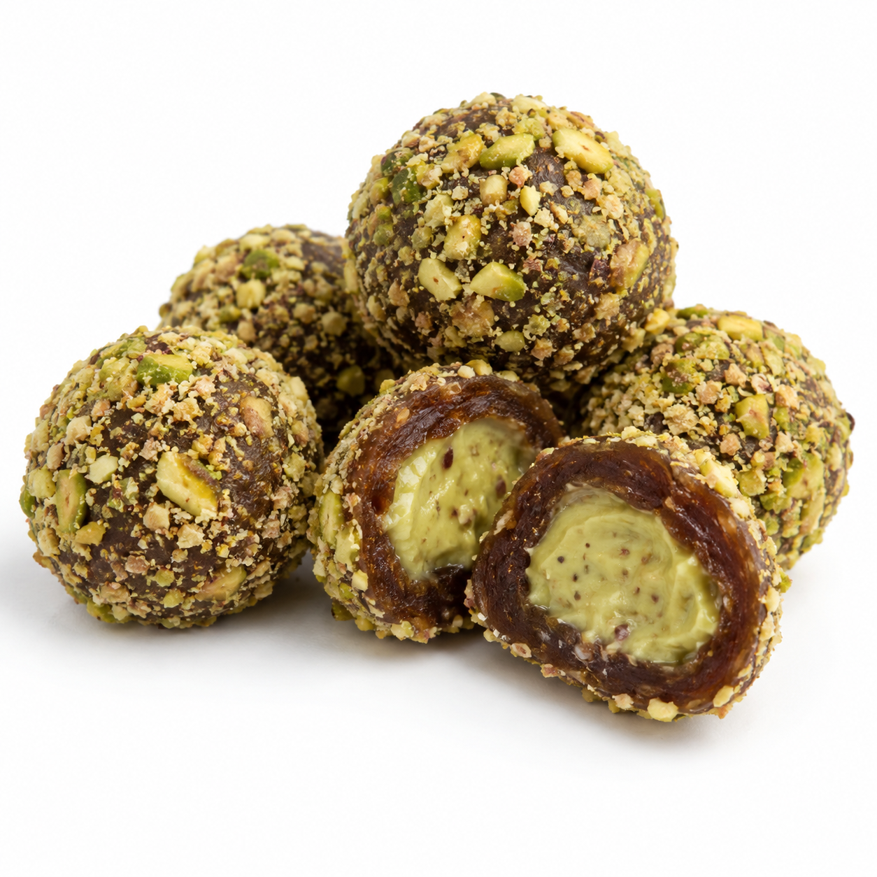 Palmaria Date Pistachio Rolls cut open showing pistachio butter filling