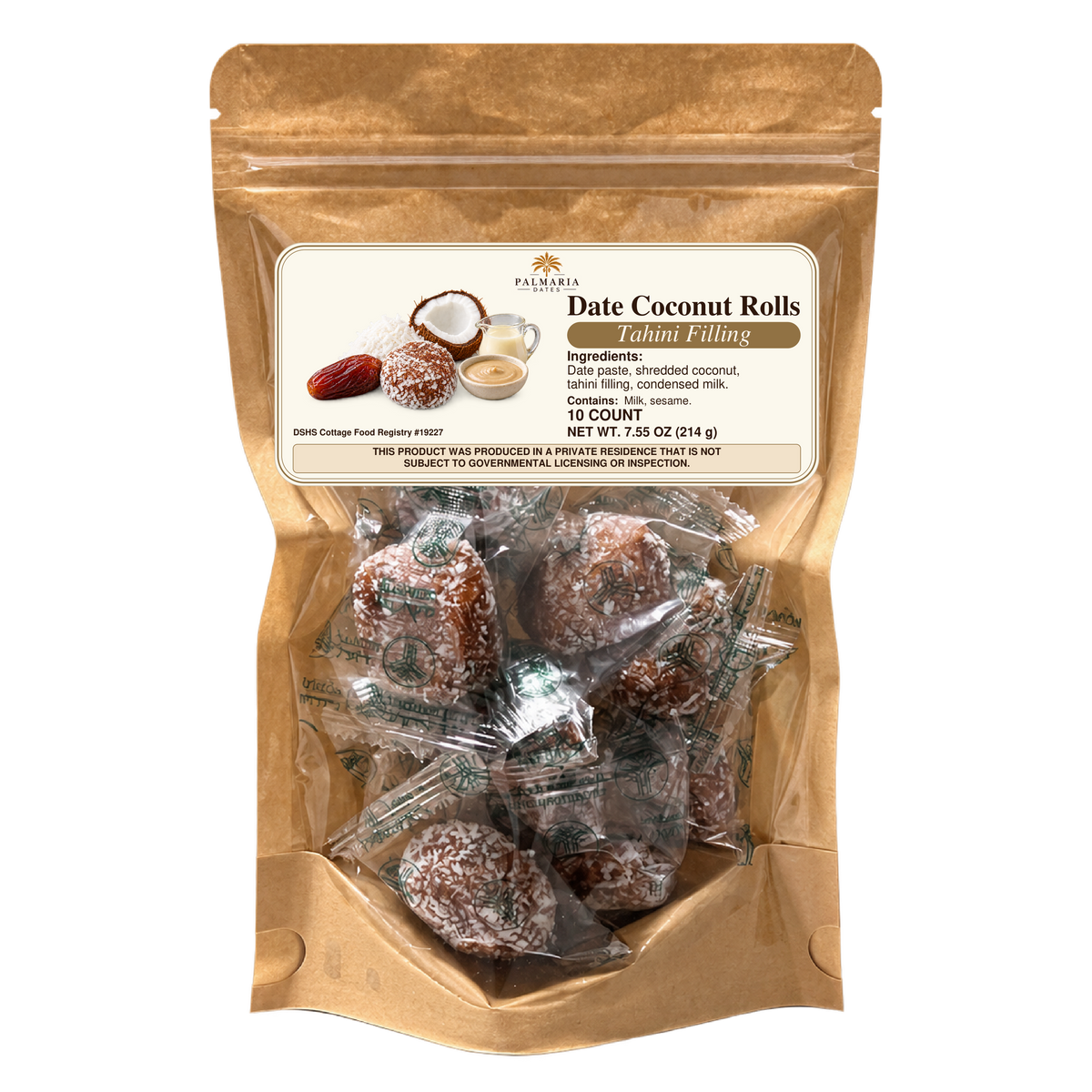 Palmaria Date Coconut Rolls — 10-count kraft pouch, 214 g, Tahini filling