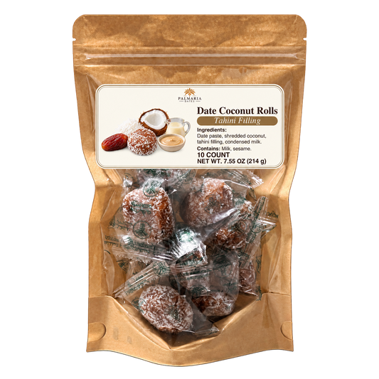 Palmaria Date Coconut Rolls 10-count kraft pouch with updated label