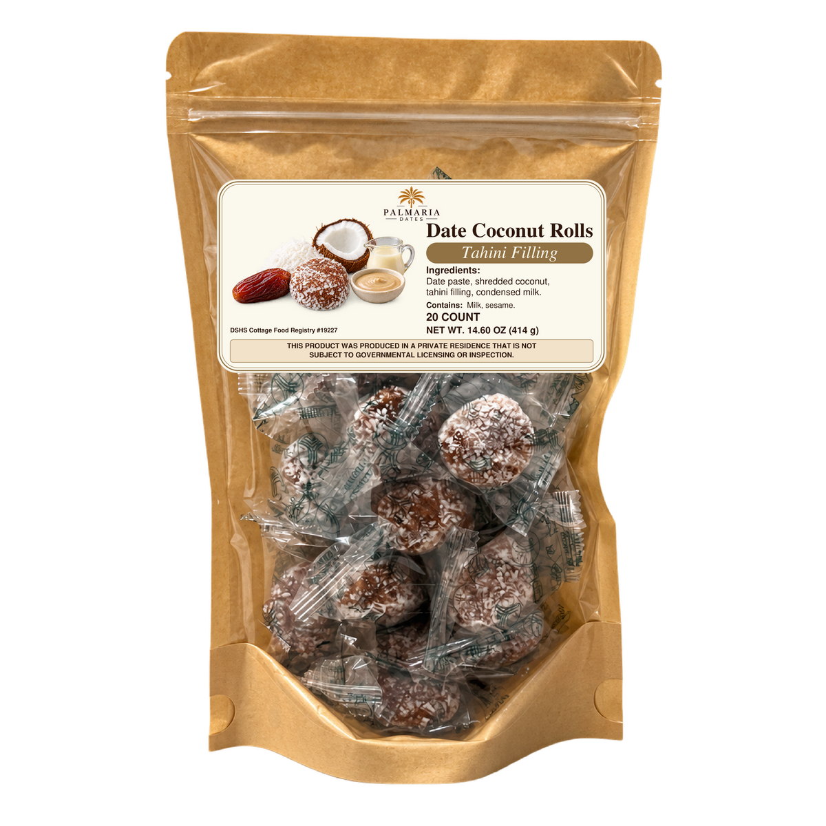 Palmaria Date Coconut Rolls — 20-count kraft pouch, 414 g, Tahini filling