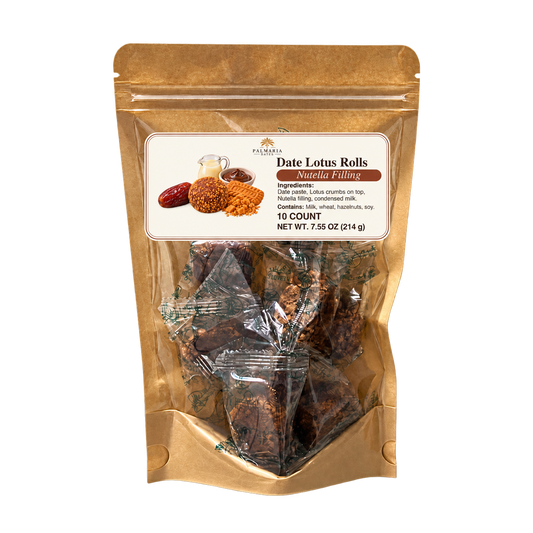 Palmaria Date Lotus Rolls 10-count kraft pouch with updated label