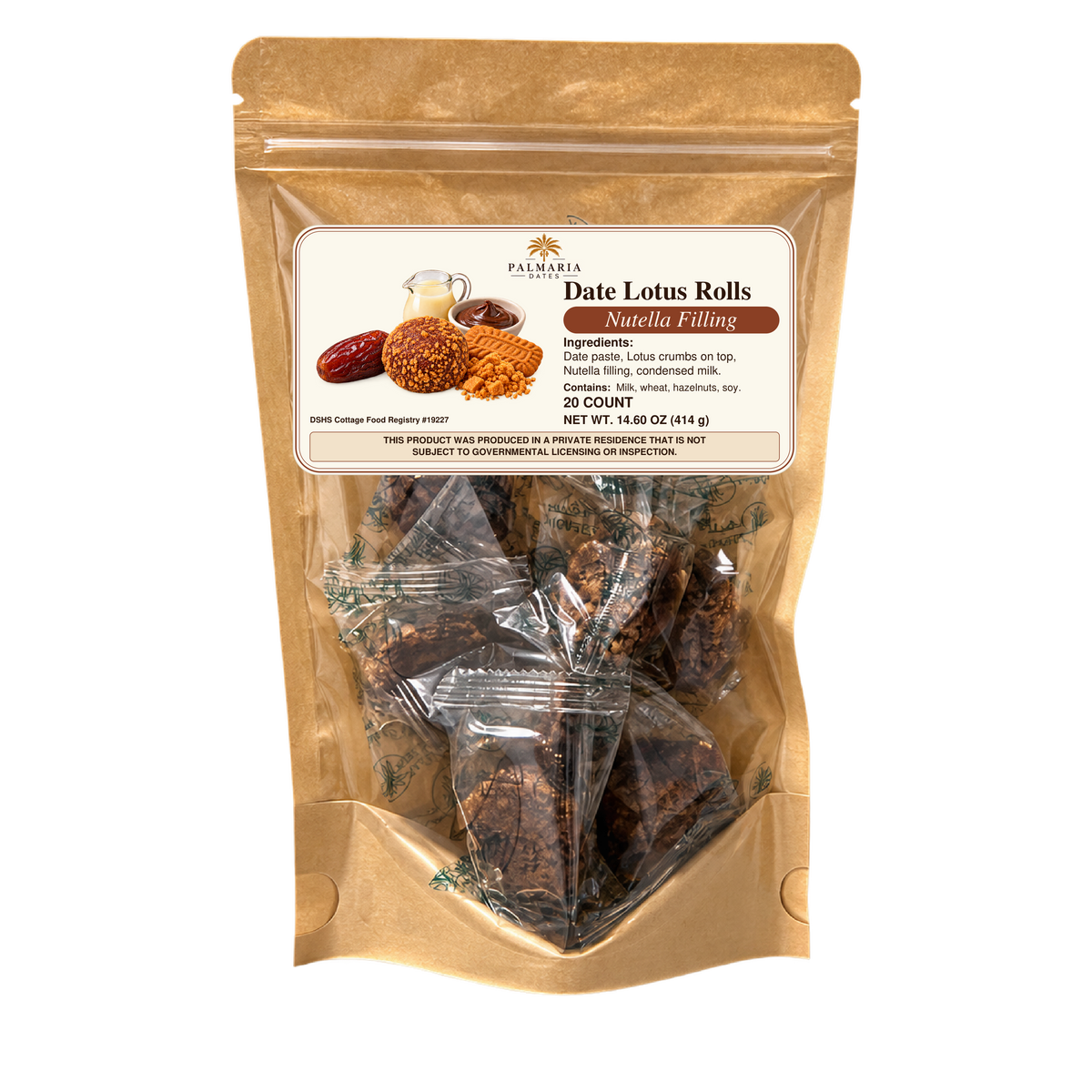 Palmaria Date Lotus Rolls — 20-count kraft pouch, 414 g, Nutella filling