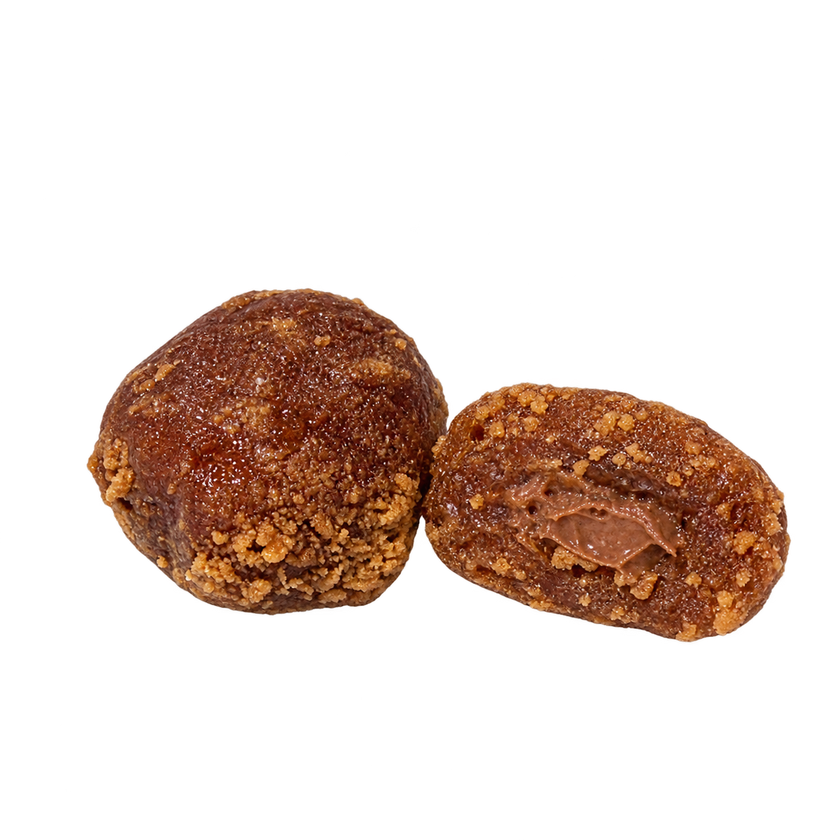 Whole and halved Palmaria Date Lotus Rolls showing the Nutella filling