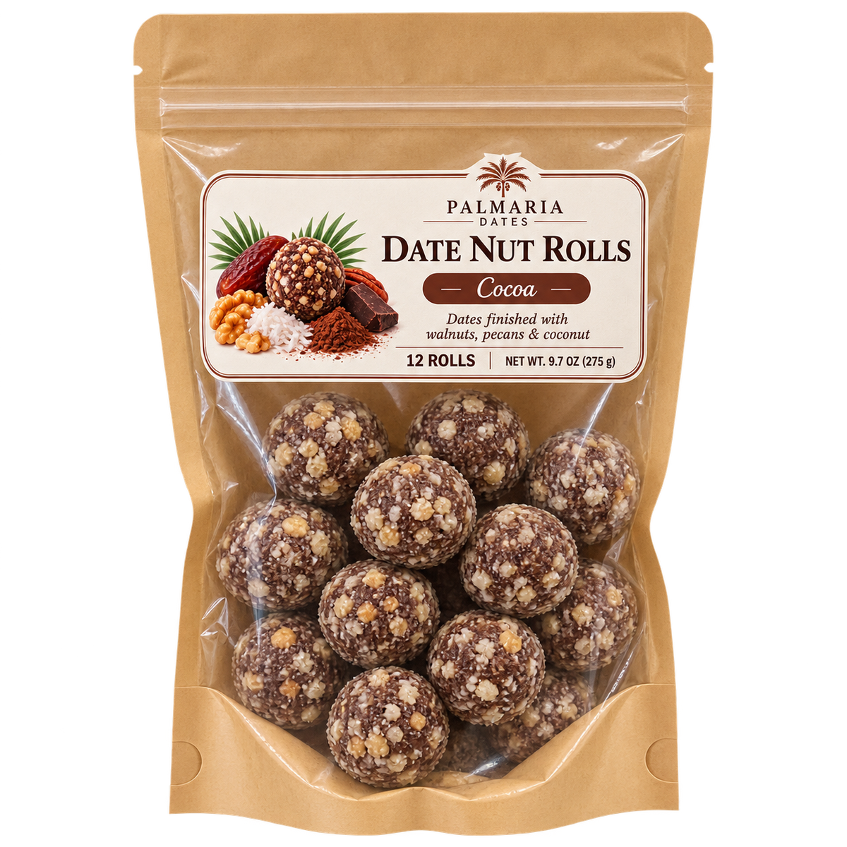 Palmaria Date Nut Rolls 12-count Cocoa kraft window pouch