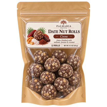 Palmaria Date Nut Rolls 12-count Cocoa kraft window pouch