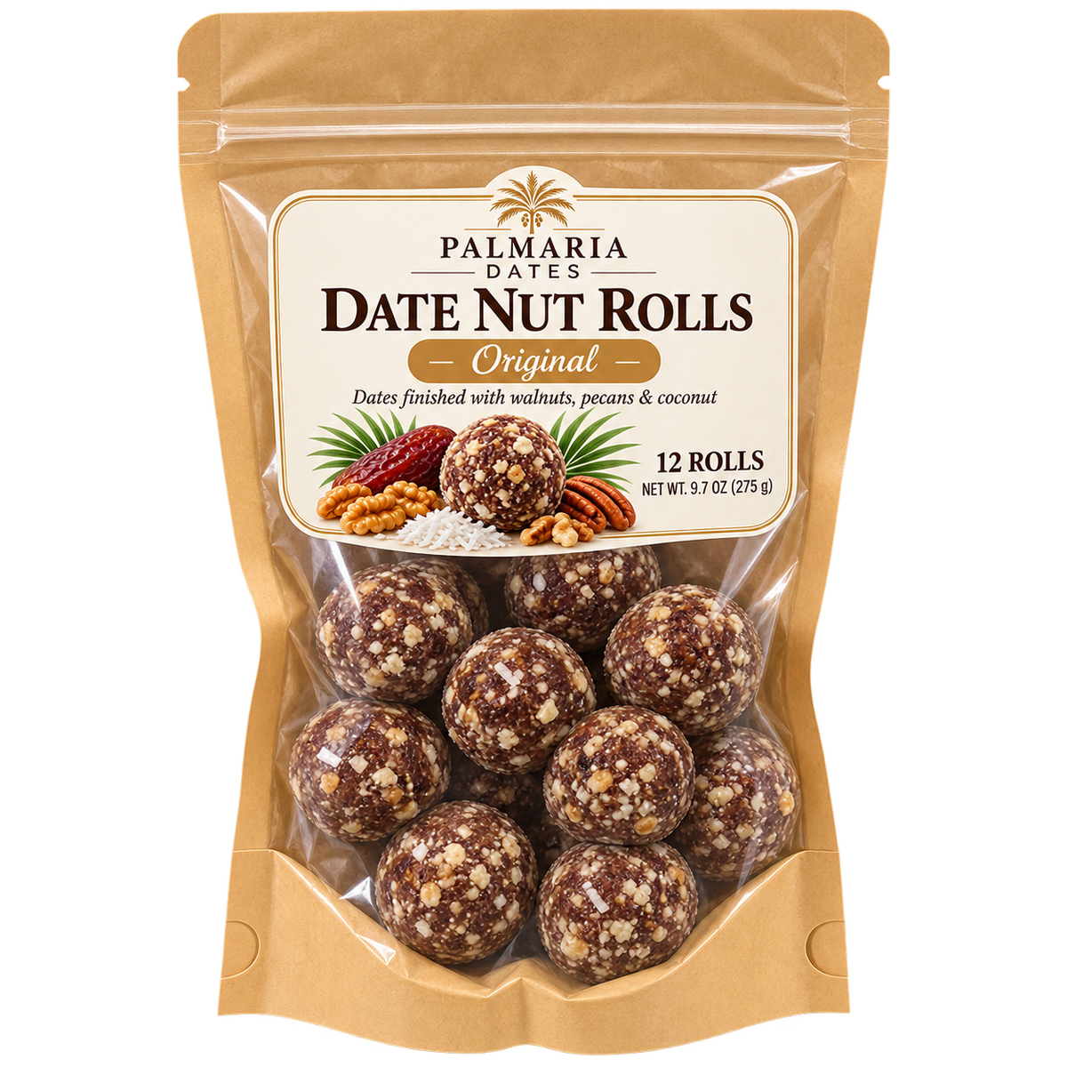 Palmaria Date Nut Rolls 12-count Original kraft window pouch