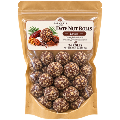 Palmaria Date Nut Rolls 24-count Cocoa kraft window pouch