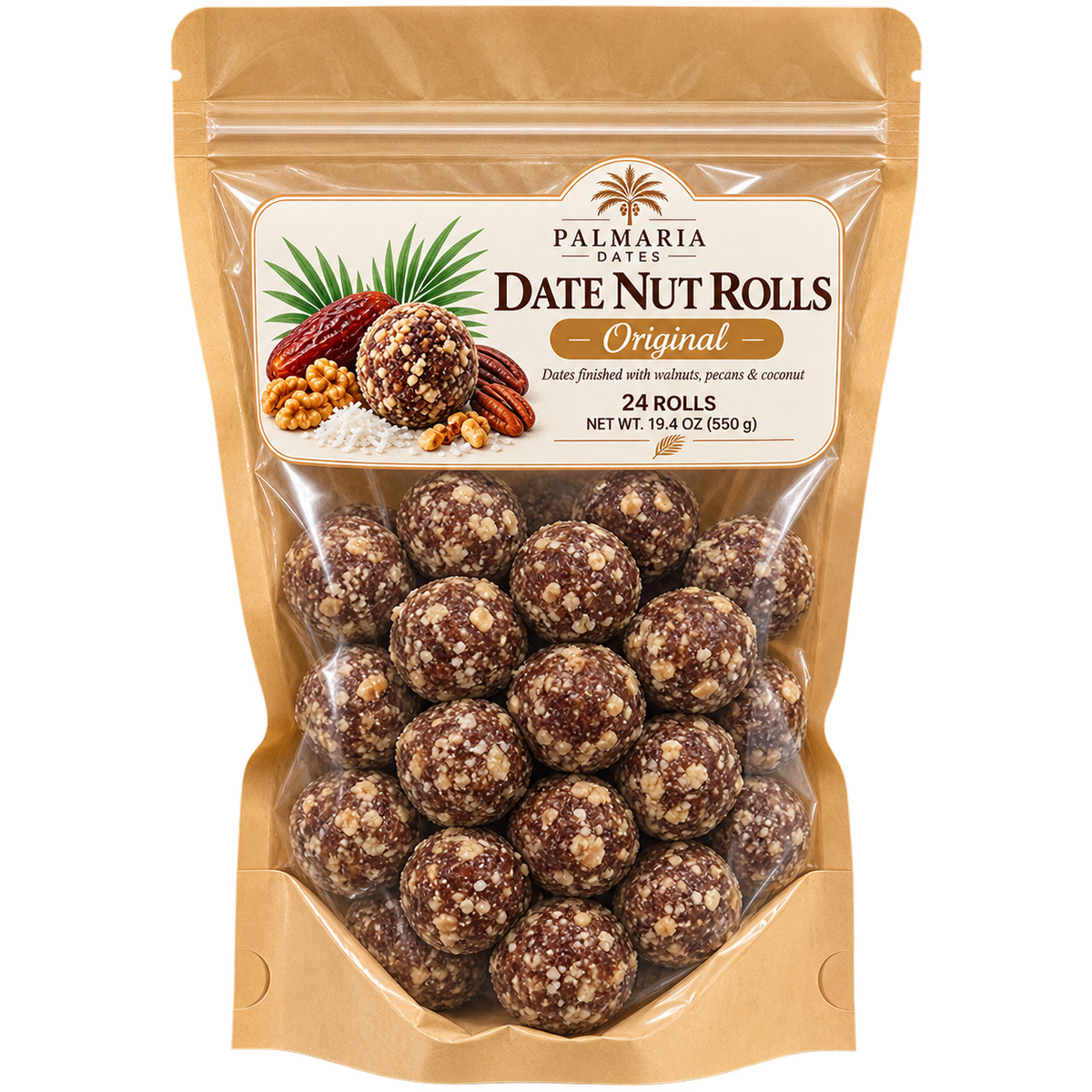 Palmaria Date Nut Rolls 24-count Original kraft window pouch