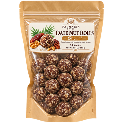 Palmaria Date Nut Rolls 24-count Original kraft window pouch