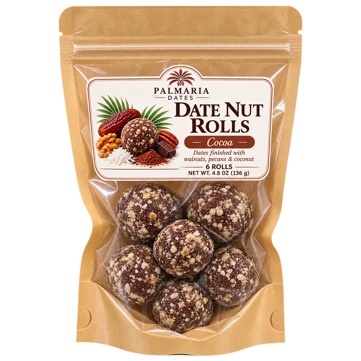 Palmaria Date Nut Rolls 6-count Cocoa kraft window pouch