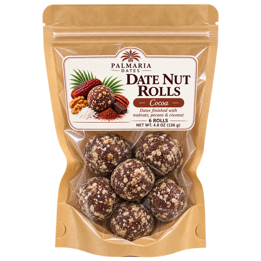 Palmaria Date Nut Rolls 6-count Cocoa kraft window pouch