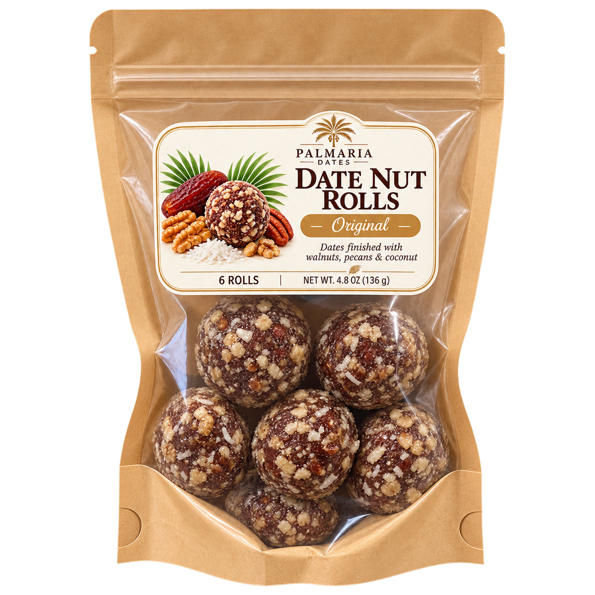 Palmaria Date Nut Rolls 6-count Original kraft window pouch