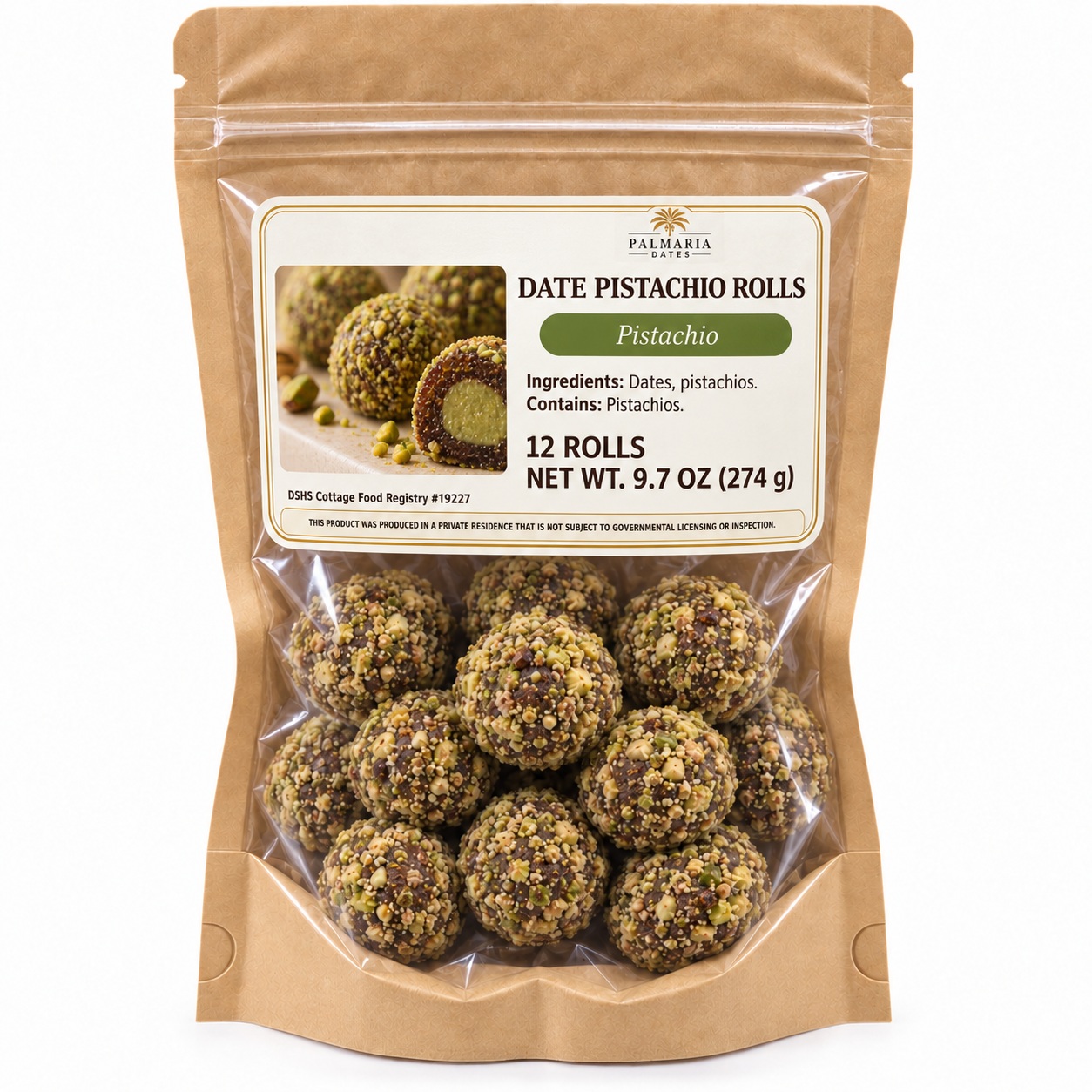 Palmaria Date Pistachio Rolls 12-count kraft window pouch