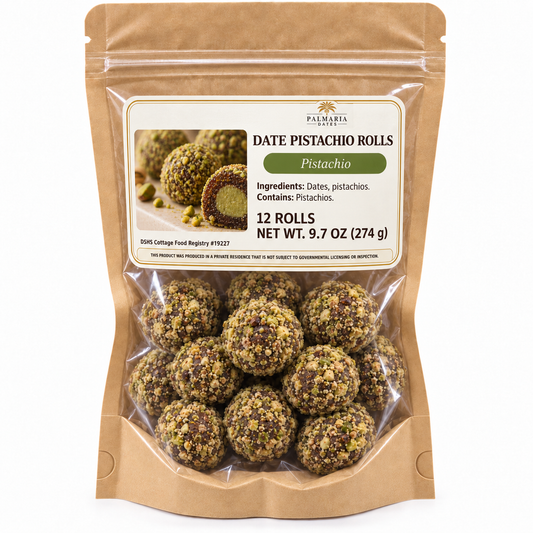 Palmaria Date Pistachio Rolls 12-count kraft window pouch