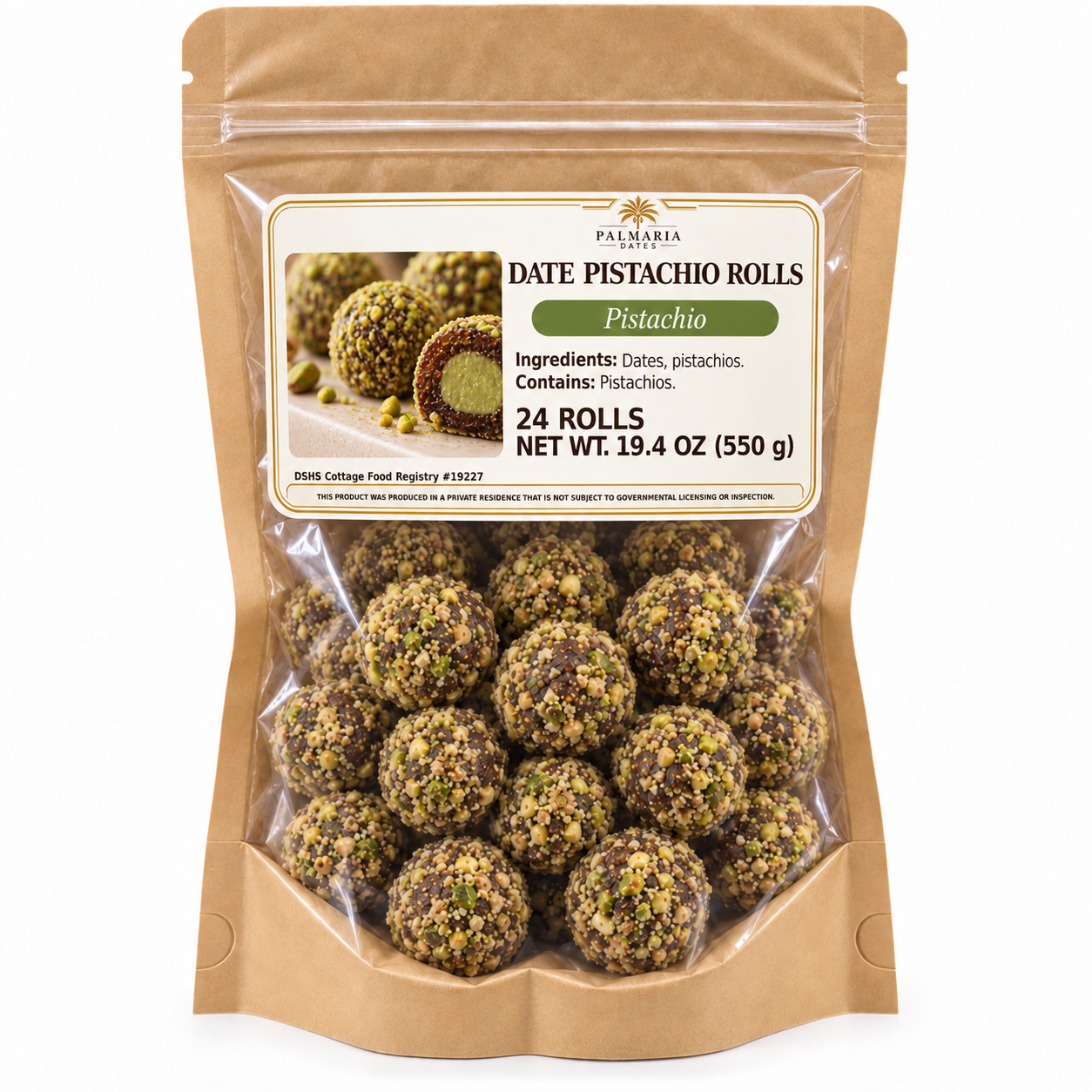 Palmaria Date Pistachio Rolls 24-count kraft window pouch