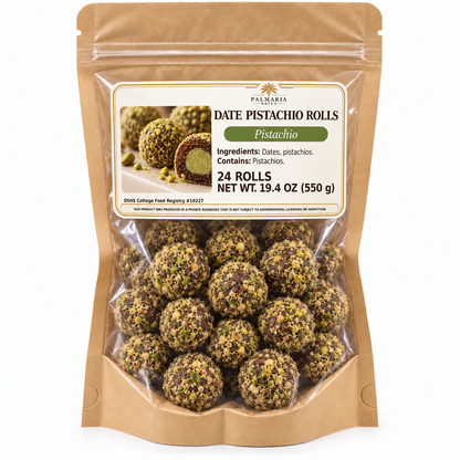 Palmaria Date Pistachio Rolls 24-count kraft window pouch