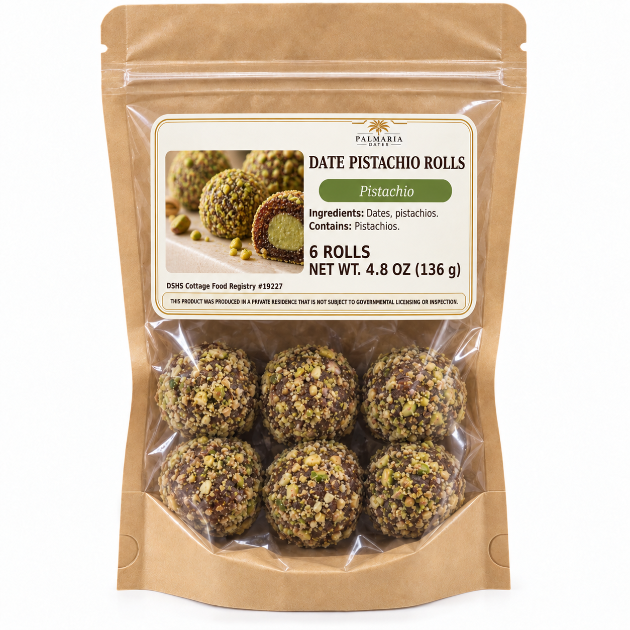Palmaria Date Pistachio Rolls 6-count kraft window pouch