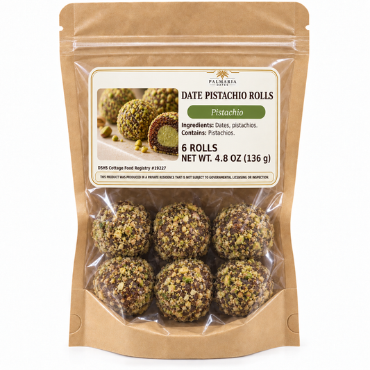 Palmaria Date Pistachio Rolls 6-count kraft window pouch