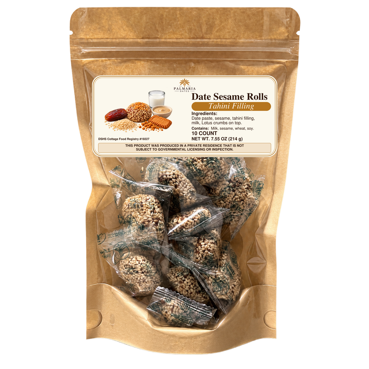 Palmaria Date Sesame Rolls — 10-count kraft pouch, 214 g, Tahini filling