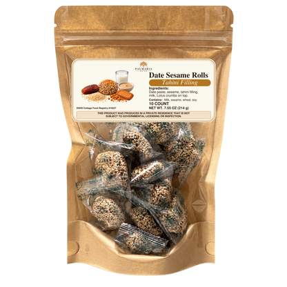 Palmaria Date Sesame Rolls — 10-count kraft pouch, 214 g, Tahini filling