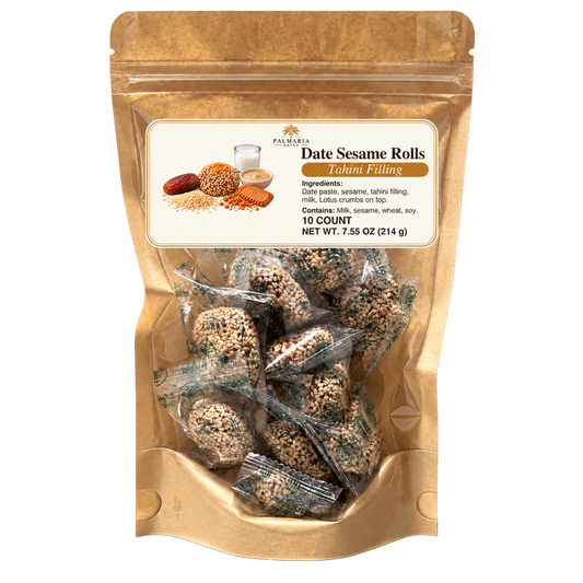 Palmaria Date Sesame Rolls 10-count kraft pouch with updated label
