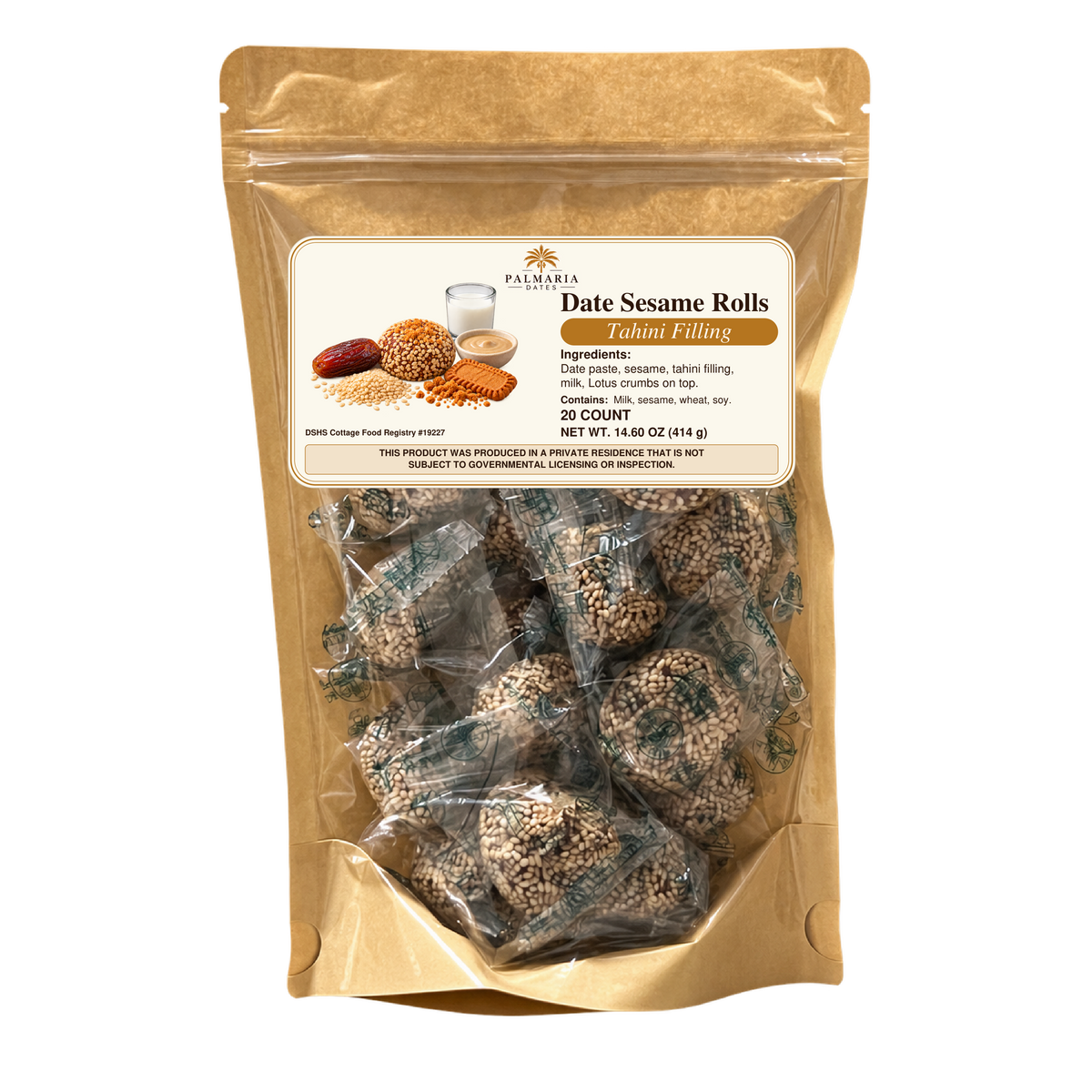Palmaria Date Sesame Rolls — 20-count kraft pouch, 414 g, Tahini filling