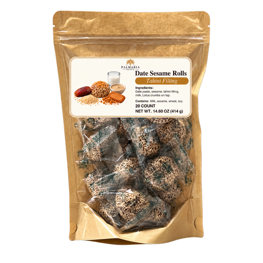 Palmaria Date Sesame Rolls 20-count kraft pouch with updated label