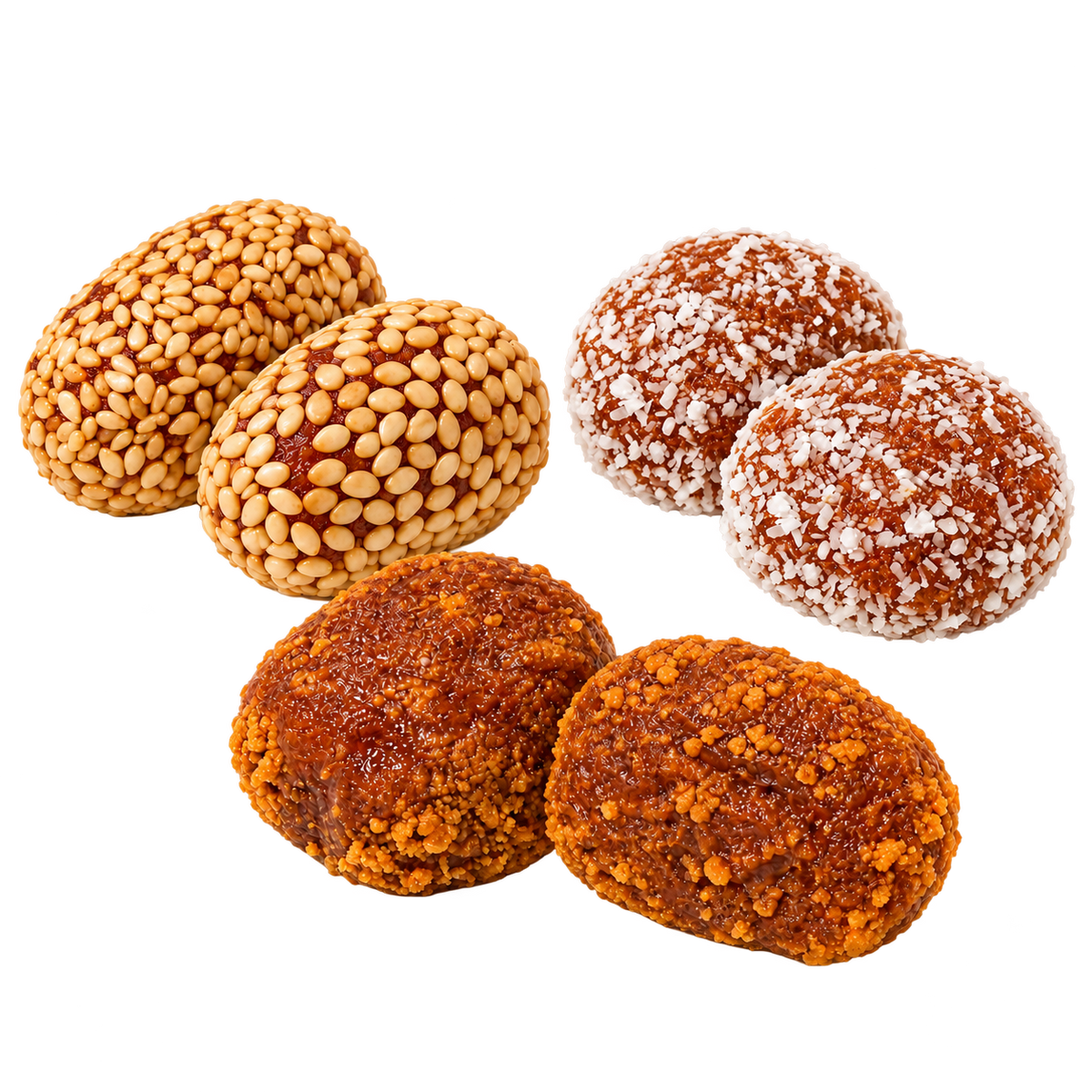 Two sesame, two coconut and two Lotus date rolls on a transparent background